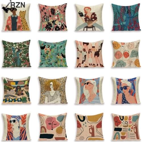 Portrait Woman Cushion Cover Leopard Home Pillows Case Linen Cushions Covers Autumn Girl Decoration Sofa Pillow Cases Almofadas