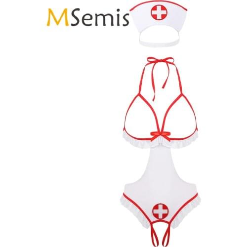 Womens Crotchless Lingerie Set Fantasy Nurse Sexy Cosplay Roleplay Halter Neck Open Cups Tie-on Leotard Bodysuit with Headband
