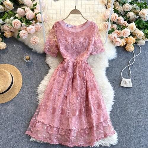 Women Lace Dress Summer 2021 Mesh Embroidery Crochet Flower Dresses Pink Elegant Fashion Party Vestidos