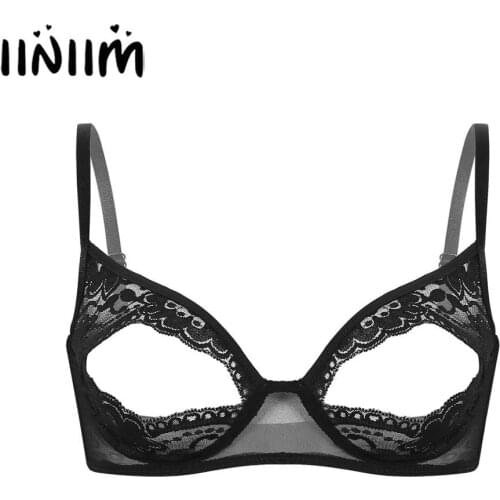 Iiniim Womens Lingerie Exotic Open Bras Sissy Femme Sexy Nightwear Lace Nipple Split Bralette Wire-free Unlined Bra Top