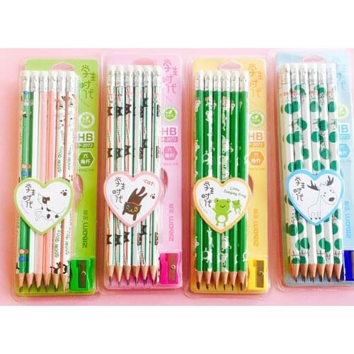 120pcs Wood Pencil Set Cute cat dog Animal Pencils With Erasers Japanese Stationery Pencil For School Kids Writing Drawing
