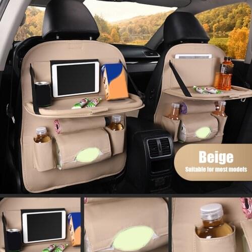 6-Pocket Car Backseat Organizer Kick Mat Tray PU Leather Seat Back Multi-Pocket Bag Hanging Organizer with Foldable Table