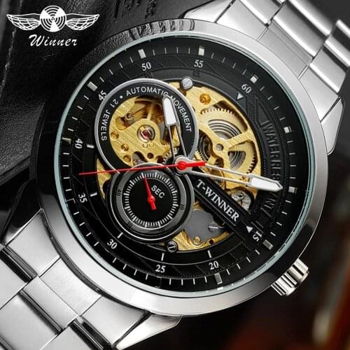 Winner Men Automatic Watches Golden Transparent Skeleton Mechanical Movement Silver Steel Wristwatches Male Clock Relogios Gift