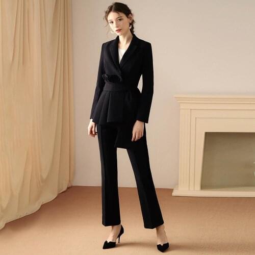 Black Pant Suit Women Sets Off Lady Apring Summer Jacket Pants Female Chic DZA051