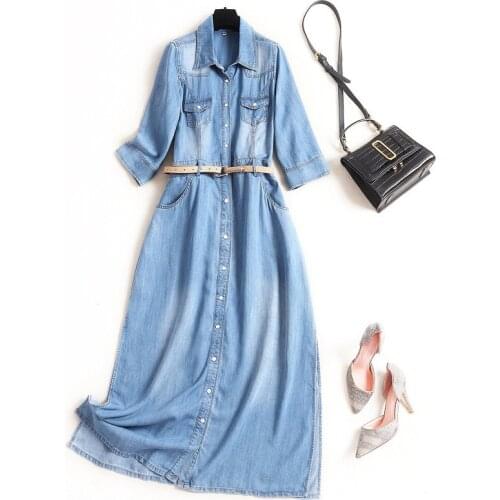 High quality Tencel denim dress 2021 spring new fashion Pocket Shirt Collar single breasted long skirt 7195
