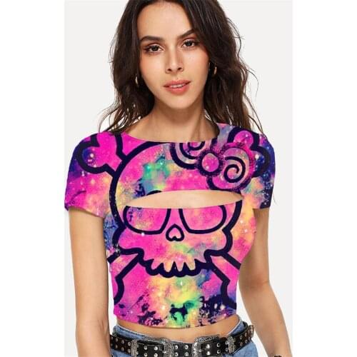 Somepet Skull T-shirt Women Skeleton T-shirts 3d Kawaii Tshirts Casual Colorful Navel Bare Graffiti Hollow Out T shirts