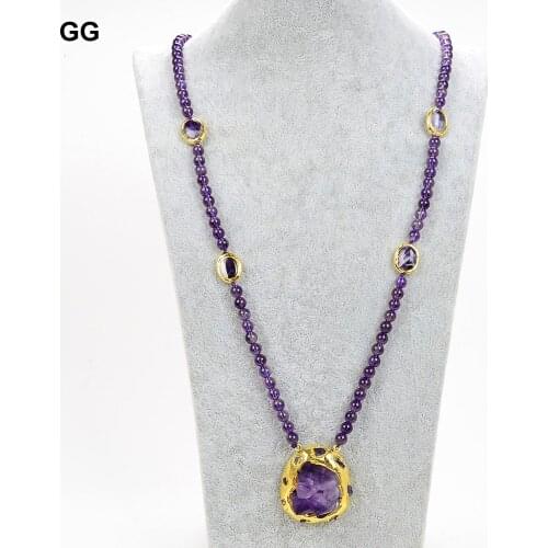 GuaiGuai Jewelry Natural 35" Purple Amethyst Druzy Gold Color Plated Pendant Long Necklace
