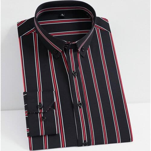 Quality Mens Non-iron Stretch Casual Striped Dress Shirts Pocket Long Sleeve Standard-fit Youthful Button-down Tops Mens Shirt