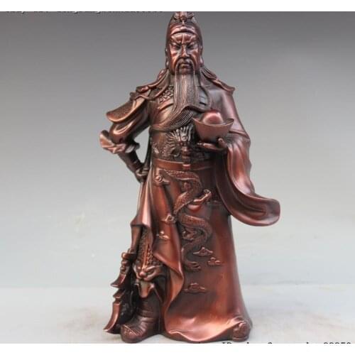 Chinese Copper Bronze Dragon Robe Guan Gong Guan Yu Hold YuanBao Warrior Statue
