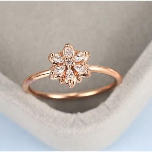 Double Fair Sparkling Flower Finger Rings For Women Girls Romantic Ring Rose Gold Color Zircon Fashion Jewelry R080