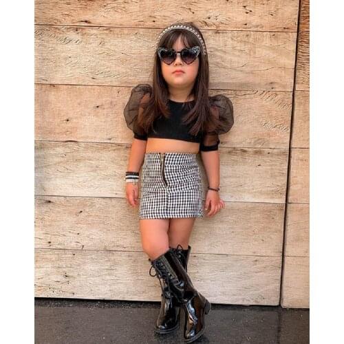 Childrens Sets Baby Girls 2 Pieces Summer Outfit Solid Color Puff Sleeve Round Collar Short Tops+Plaid Mini Skirt Set for 1-6T