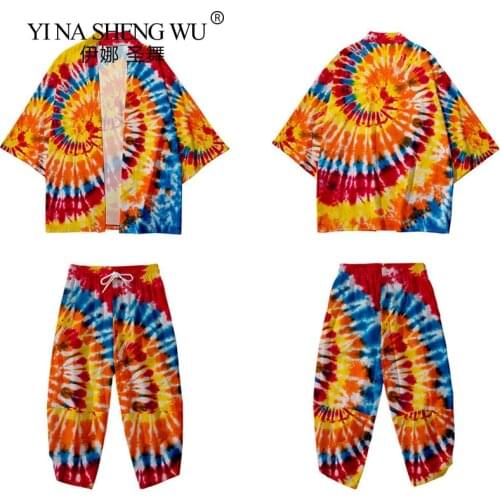 Japanese Kimono Suit Costume Men Coat Pants Set Harajuku Print Tops Japan Haori Cardigan Chinese Traditional Loose Shirts Yukata