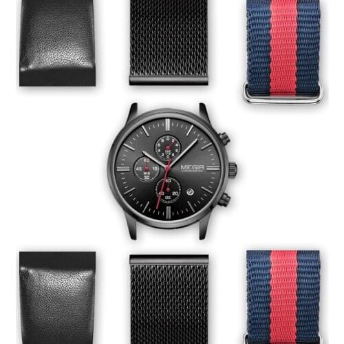 MEGIR Mens Watches Top Brand Luxury Chronograph Sport Watch Man with 2 Straps DIY Big Dial Quartz Watches Set Erkek Kol Saati