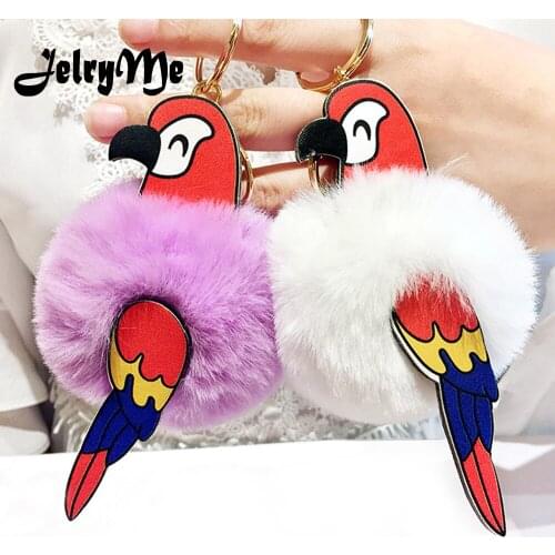 Fashion Furry Women Keychains Pompom Faux Rabbit Fur Ball Leather Parrot Key Chains Car Key Rings Fluffy Jewelry Christmas Gifts