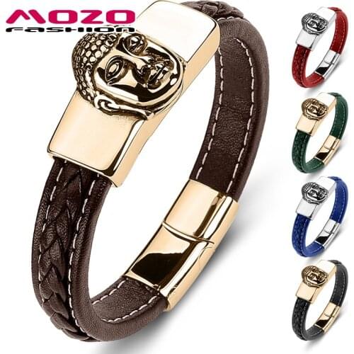 MOZO FASHION Stainless Steel Charm Magnetic Multi Color Men Bracelet Genuine Leather Braided Trendy Buddha Jewelry Gifts 059