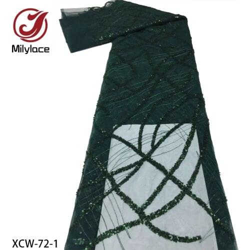 Latest African Bead Tube Embroidery with Sequins Lace Fabric Hot Selling French Net Tulle Lace Fabric for Party XCW-72