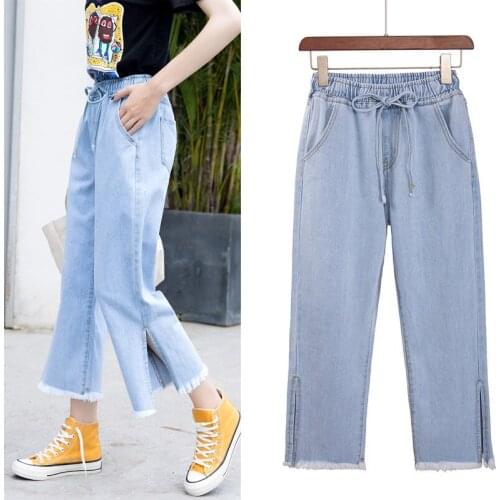 New Split-fork Hem Design Jeans Women 2019 Elastic Waist Ankle-Length Pants High Waist Jeans Preppy Style Sweet Student