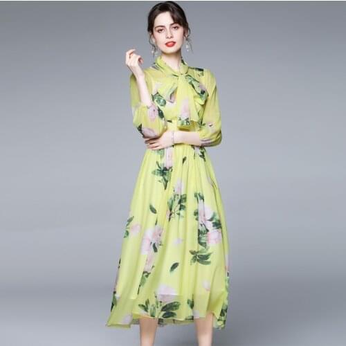 WTIANYUW Fashion Summer Vacation Chiffon Dress Designer Runway Womens Bow Collar Rose Floral Print Pink Chiffon Boho Midi Dress