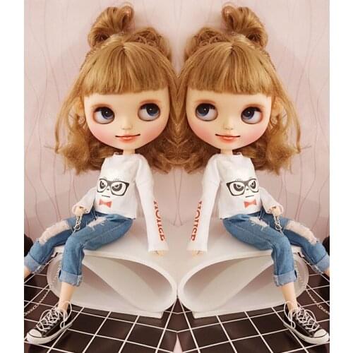Casual White T-Shirt Ripped Jeans Long Denim Pants for Blyth Kurhn 1/6 Dolls Accessories
