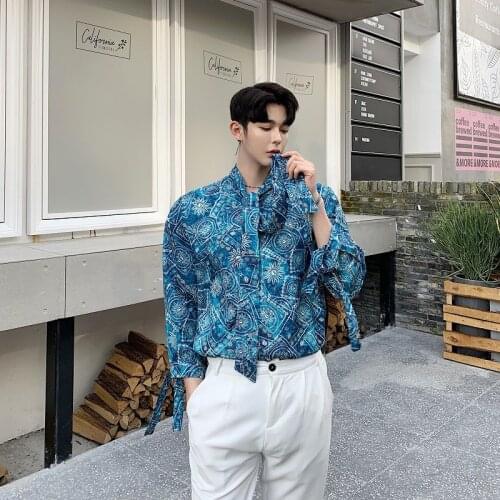 Pure Cotton Printed Shirt Mens Korean Fashion Loose Casual Shirt Mens Harajuku Streetwear Retro Social Long-sleeved Shirt Men
