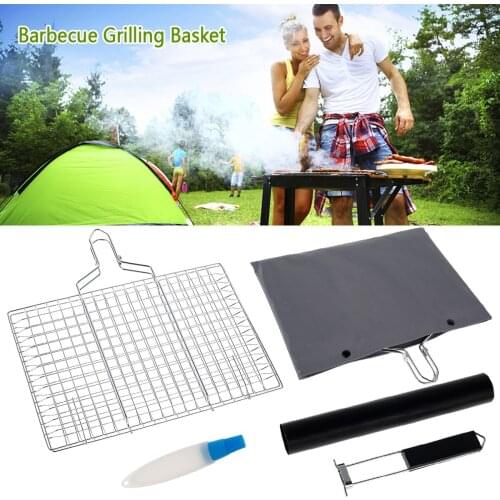 Fish Grill Basket Stainless Steel Grilling Basket Folding Portable BBQ Barbecue Rack w/ Removable Handle Mat Sauce Bottle Brush