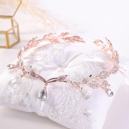 KMVEXO Rose Gold Crystal Crown Bridal Hair Accessory Wedding Rhinestone Teardrop Leaf Tiara Headband Frontlet Bride Hair Jewelry