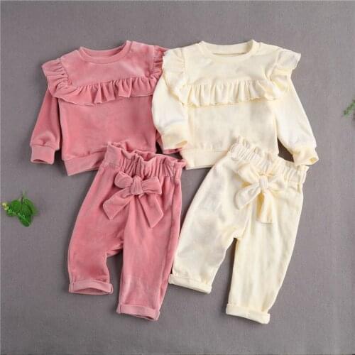 Smooth Fleece Velvet Outfit Toddler Baby Girls Sets Round Neck Ruffle Trim Top Elastic Waist Bowknot Pant Clothes