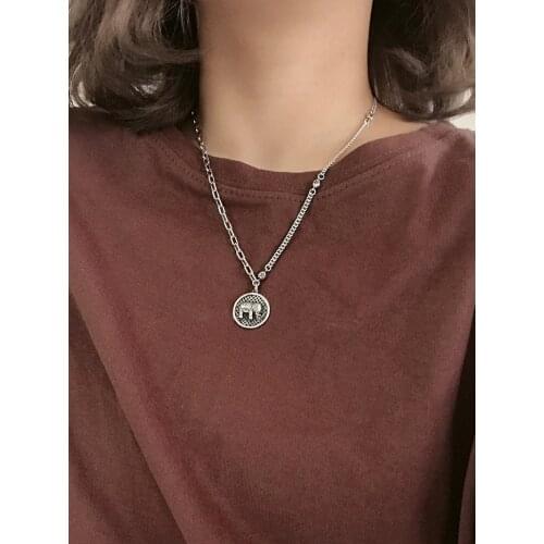 S925 Sterling Silver Vintage Thai Silver Elephant round Asymmetric Clavicle Chain Necklace for Fashion Female Party Gifts