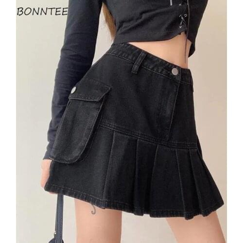 Skirts Women Folds Denim Mini Sexy Kawaii Streetwear Korean Style Chic Casual A-Line Vintage Fashionable Harajuku Sweet Girls