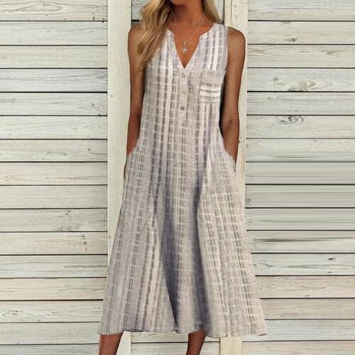 Women Fashion Striped Print Party Dress Spring V Neck Button Loose Vintage Dress Summer Sleeveless Pocket Beach Dresses Vestidos
