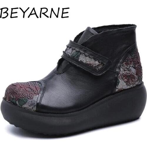 BEYARNENew Fashion 100% Natural Full Genuine Leather Boots Autumn Women Ankle Boots Thick Bottom Wedges High Heels Comfort Women