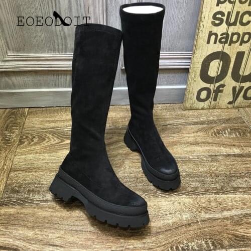EOEODOIT Female Long Boot Under Knee Length Leather Boots Med Chunky Heels Chelsea Boot Women Fashion Pointed Toe