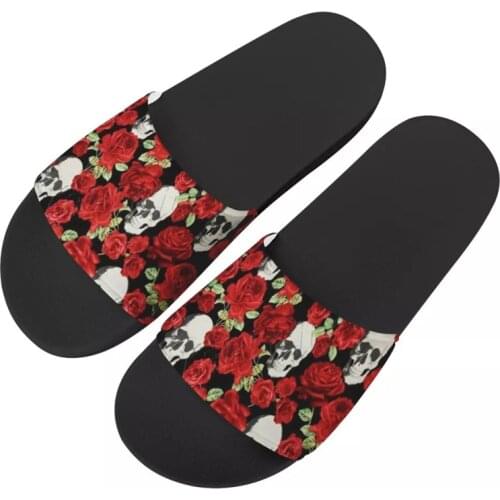 WHEREISART 2021 Summer Women Black Slipper Red Skull Rose Ladies Sandal Flat Heel Outdoor Beach Slides Female White Flip Flops