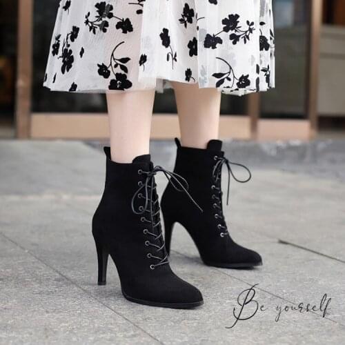Autumn And Winter new style Suede Womens shoes Lace Stiletto Womens boots High heel Big Size 34-43 Heel height 10cm