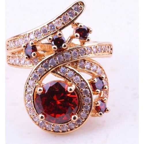 Glamorous Red Crystal & Cubic Zircon Yellow Gold Color Rings For Women Bridal Wedding Fashion Jewelry Free Gift Box I0131