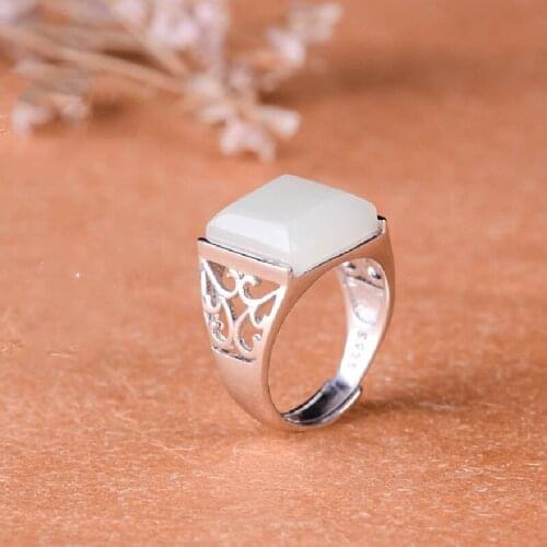 Natural Hetian Jade Square Hollow Ring Women 925 Silver Ring Adjustable Ring Fashion Trendy Couple Ring
