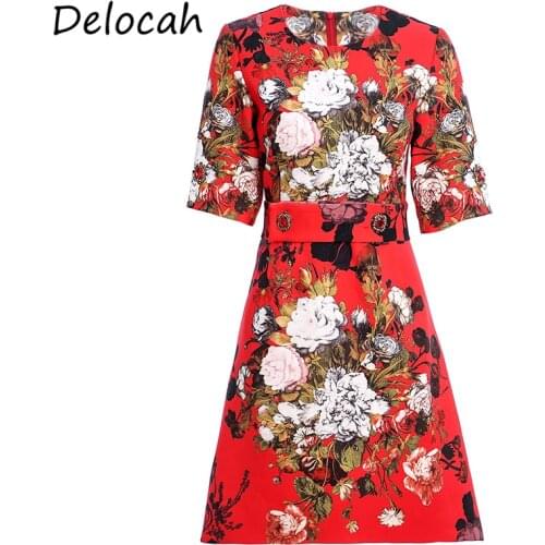 Delocah Summer Fashion Designer Women ALine Dress Half Sleeve Gorgeous Crystal Sashes Floral Print Female Short Dresses vestidos