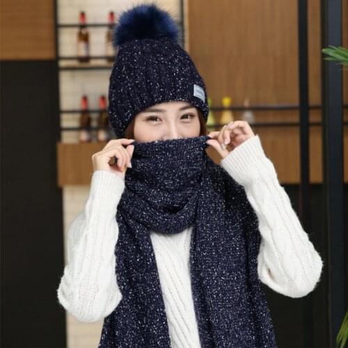 2021 Winter Wool blend Knitted Hat Scarf 2Pcs Set For Women Skullies Beanies Caps Warm Thick Ears Knitted Hat Outdoor Ski Cap