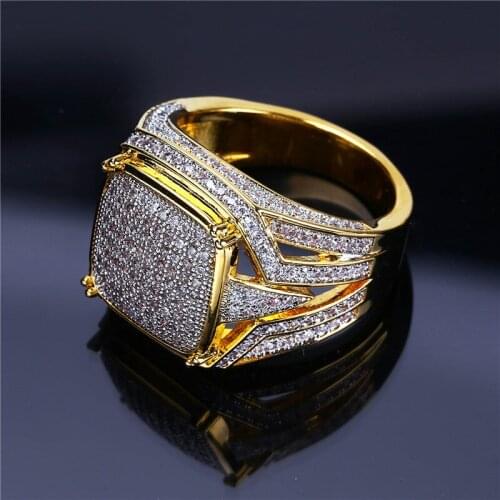 HIP Hop 1Pc Full Pave Rhinestone Gold Copper Geometric Pattern Personality Fashion Ring Bling For Men Women Jewelry Dropshiping