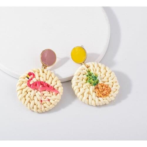 2020 Bohemian Handmade Wooden Straw Weave Rattan Earring for Women Trendy Pineapple Flamingo Printed Earrings Fashion Jewelry