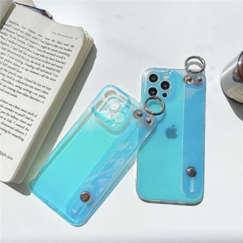 Wrist Strap Hand Band Gradient Purple Clear Case for iPhone 6 7 8 Plus SE 2020 X XR XS 11 12 Mini Pro Max Soft Back Cover Coques