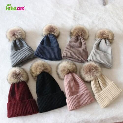 Hiheart New Fashion Children Winter Hats Fur Ball Baby Kids Solid Knitted Caps Hedging Hat Thick Boys Girls Winter Warm Hat 1.99