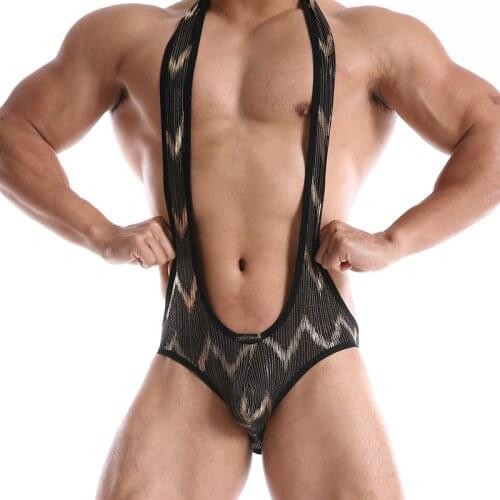 Men Undershirts Printed Halter Underwear Sexy Bugle Pouch Bodysuit Singlet One-piece Jockstrap Open Butt Gay Nightwear Jumpsuit