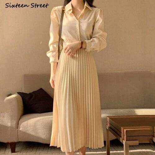 Apricot Elegant Shirts Dress Woman High Waist Long Sleeve Vestidos Woman Clothing Chic Korean Pleated Dresses Female Spring