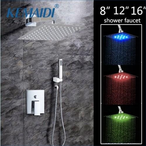 KEMAIDI 8" 12" 16"LED Shower Wall Mounted Square Style Brass Head Waterfall Shower Set Rainfall Bathroom Shower Kit Hand Shower