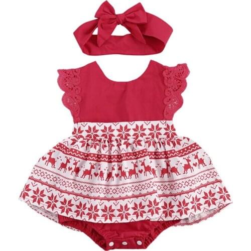 0-24M Christmas Newborn Baby Girls Romper Dress+Headband Lace Ruffles Sleeve Print Lovely Jumpsuits 2pcs