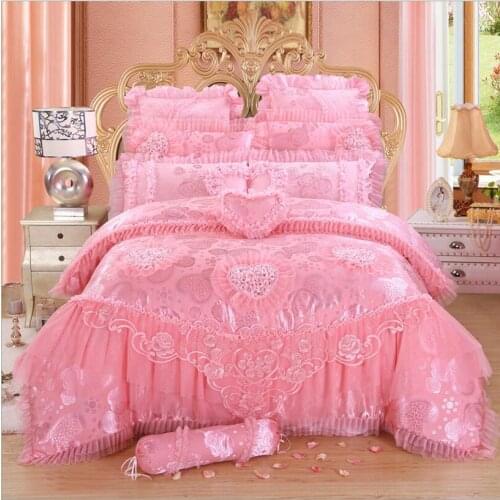 4/6/8pcs Pink Lace Princess Duvet Cover Set Queen King Size Girl Wedding Bed Cover Sheet Pillowcases Jacquard Bedding set Luxury
