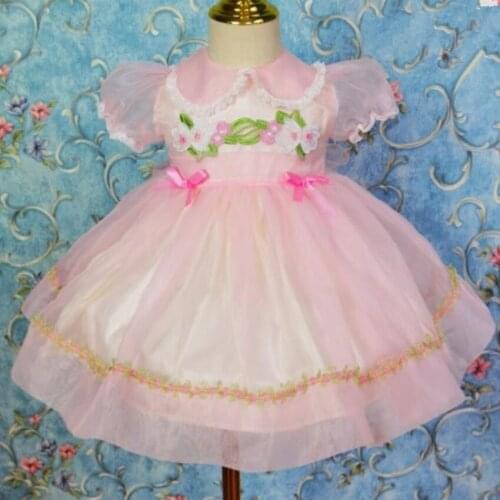 Baby girl summer Spanish Lolita mesh princess dress kids puff sleeve Embroidered Bowknot Birthday party peter pan collar ball go