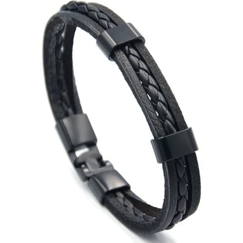JUNWEI Mens, Black Woven Release Buckle Leather Bracelet Simple Style Multi-Layer Leather Rope Mens Bracelet Zinc Alloy
