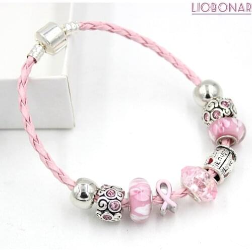 New Arrival Awareness Jewelry Leather Rope With Live Laught Love Bead Breast Cancer Pink Ribbon Bracelet for Women